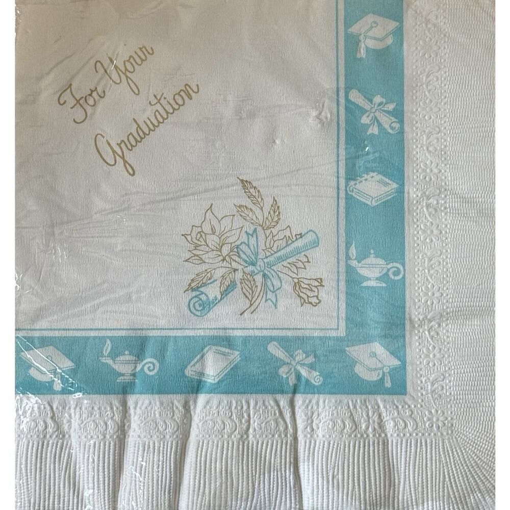 Vintage Graduation Napkins Mid Century Party Supplies NOS Sealed Turquoise Gold